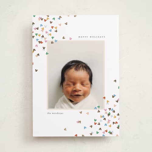 This is a snow foil pressed holiday cards with foil pressed by Ellen Schlegelmilch called mickey confetti corners printing on recycled smooth signature in standard