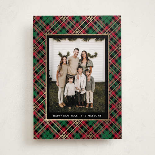 This is a holiday flannel foil pressed holiday cards with foil pressed by Erin Deegan called disney tartan plaid printing on recycled smooth signature in standard