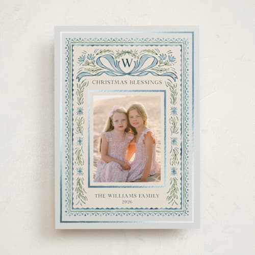 This is a blue jay foil pressed holiday cards with foil pressed by Paper Sun Studio called christmas gift printing on recycled smooth signature in standard