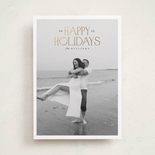 This is a snow foil pressed holiday cards with foil pressed by Carolyn Nicks called headline printing on recycled smooth signature in standard