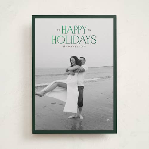 This is a evergreen foil pressed holiday cards with foil pressed by Carolyn Nicks called headline printing on recycled smooth signature in standard