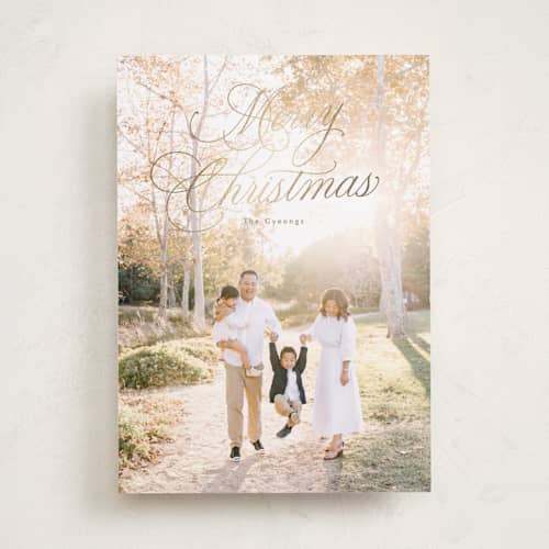 This is a golden foil pressed holiday cards with foil pressed by Rebecca Durflinger called christmas splendor printing on recycled smooth signature in standard