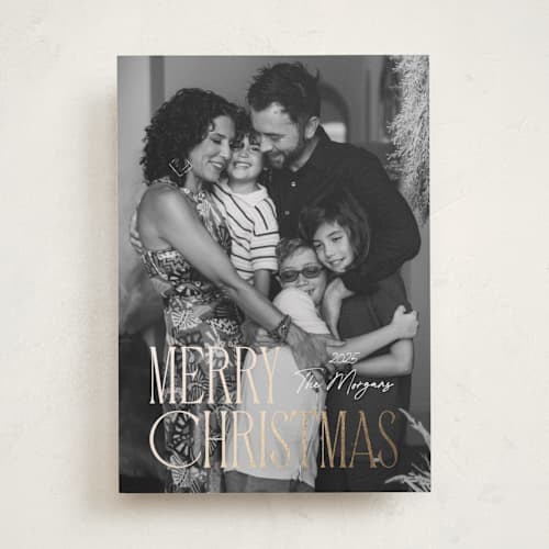 This is a halo foil pressed holiday cards with foil pressed by Kacey Kendrick Wagner called merry embrace printing on recycled smooth signature in standard