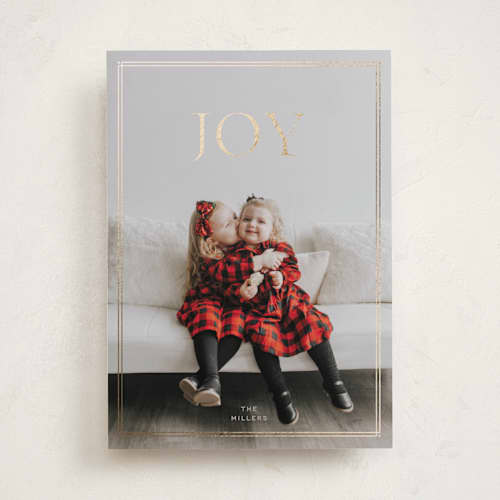 This is a hazel foil pressed holiday cards with foil pressed by Sabrin Deirani called bright joy printing on recycled smooth signature in standard