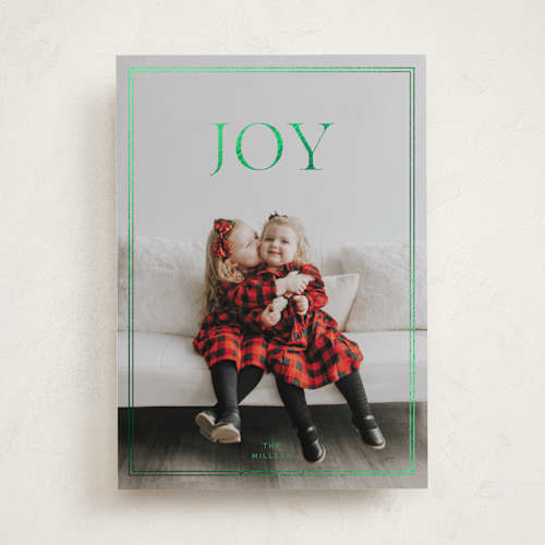 This is a evergreen foil pressed holiday cards with foil pressed by Sabrin Deirani called bright joy printing on recycled smooth signature in standard