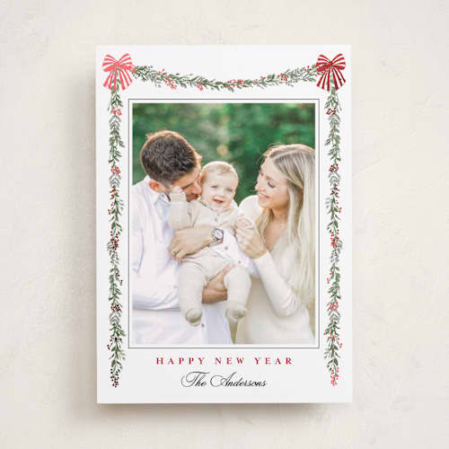 This is a candy cane foil pressed holiday cards with foil pressed by Susan Moyal called holly & bows printing on recycled smooth signature in standard