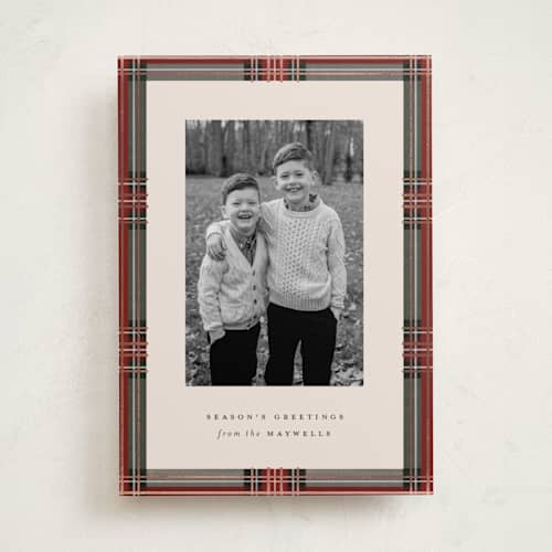 This is a antique foil pressed holiday cards with foil pressed by Olivia Kanaley Inman called highland holiday printing on recycled smooth signature in standard