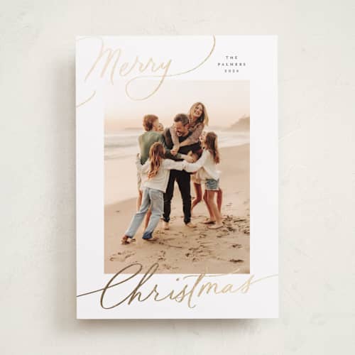 This is a snow foil pressed holiday cards with foil pressed by Everett Paper Goods called evoke printing on recycled smooth signature in standard
