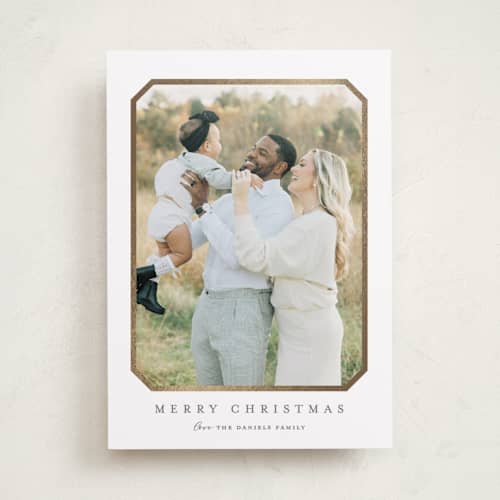 This is a ash foil pressed holiday cards with foil pressed by Carolyn MacLaren called vintage bevel printing on recycled smooth signature in standard