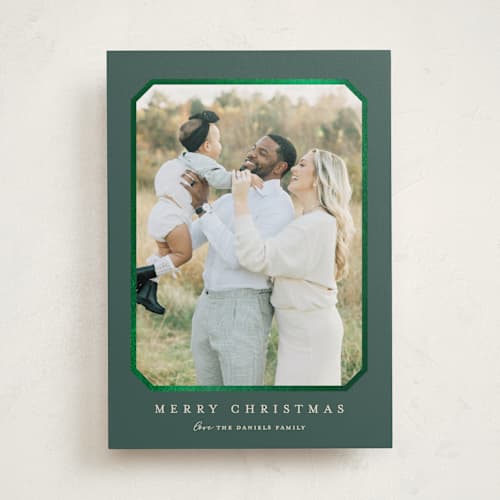 This is a spruce foil pressed holiday cards with foil pressed by Carolyn MacLaren called vintage bevel printing on recycled smooth signature in standard