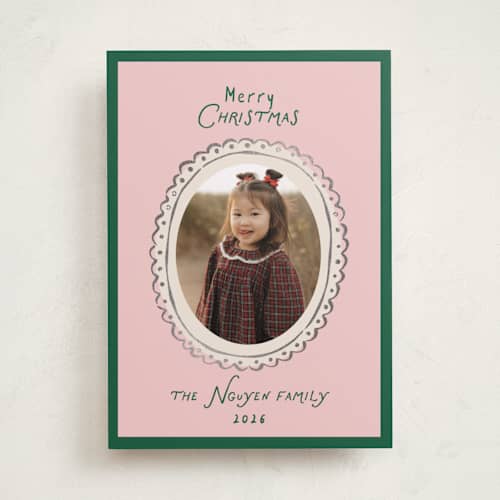 This is a evergreen foil pressed holiday cards with foil pressed by Design Lotus called doodle frame playful classic printing on recycled smooth signature in standard