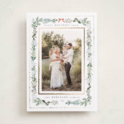 This is a fir foil pressed holiday cards with foil pressed by Hannah Williams called greenery & gold printing on recycled smooth signature in standard