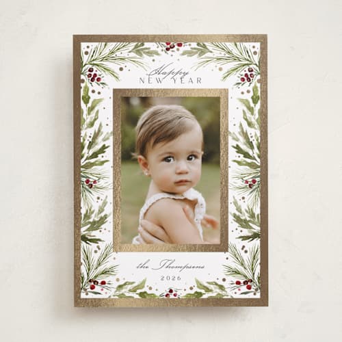 This is a snow foil pressed holiday cards with foil pressed by Kate Ahn called boxwood and berries printing on recycled smooth signature in standard