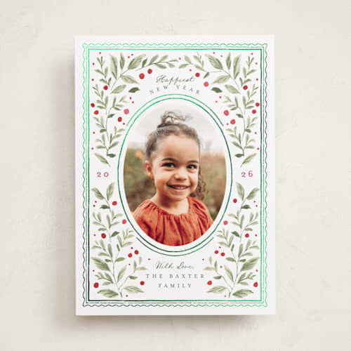 This is a holly berry foil pressed holiday cards with foil pressed by Everett Paper Goods called mirror foliage printing on recycled smooth signature in standard