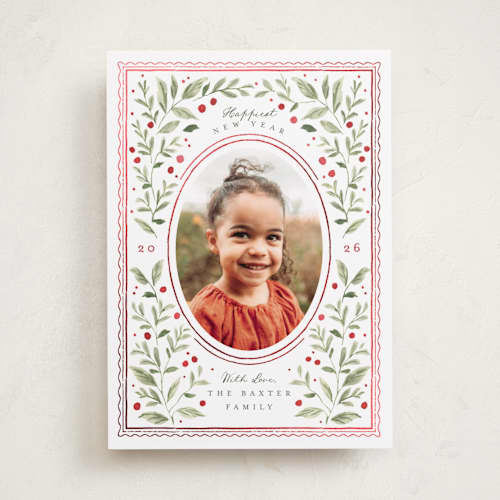 This is a holly berry foil pressed holiday cards with foil pressed by Everett Paper Goods called mirror foliage printing on recycled smooth signature in standard