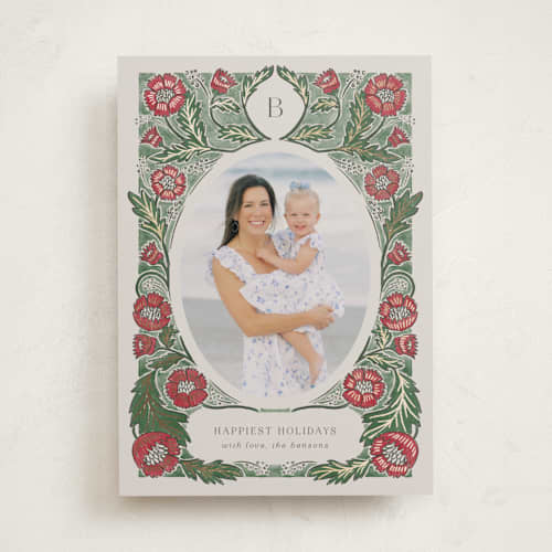 This is a poinsettia foil pressed holiday cards with foil pressed by Jen Owens called monogram nouveau printing on recycled smooth signature in standard