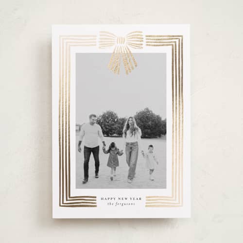 This is a snow foil pressed holiday cards with foil pressed by Iveta Angelova called ribbon framed printing on recycled smooth signature in standard