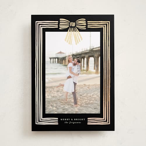 This is a midnight foil pressed holiday cards with foil pressed by Iveta Angelova called ribbon framed printing on recycled smooth signature in standard