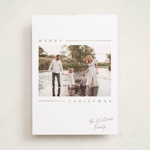 This is a snow foil pressed holiday cards with foil pressed by Robert and Stella called kent printing on recycled smooth signature in standard