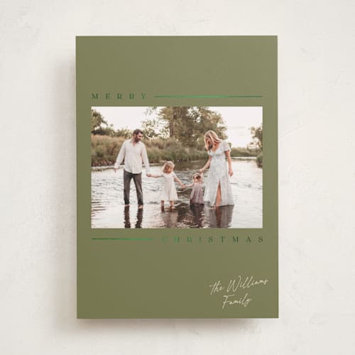 This is a olive foil pressed holiday cards with foil pressed by Robert and Stella called kent printing on recycled smooth signature in standard