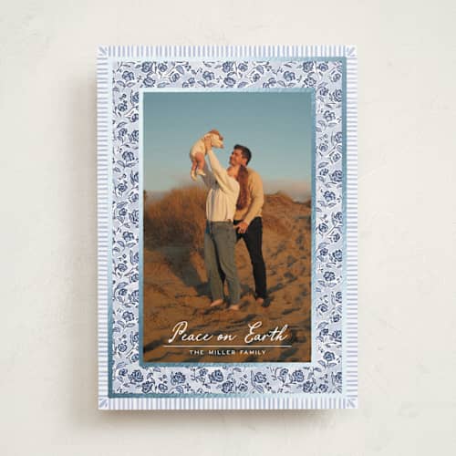 This is a frost foil pressed holiday cards with foil pressed by Jenna Holcomb called a cottage christmas printing on recycled smooth signature in standard