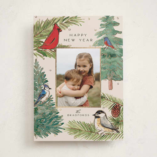 This is a cream foil pressed holiday cards with foil pressed by Amy Kross called birds & branches printing on recycled smooth signature in standard