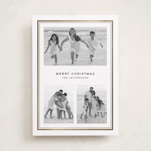 This is a snow foil pressed holiday cards with foil pressed by Lucrecia Caporale called classic keepsake printing on recycled smooth signature in standard