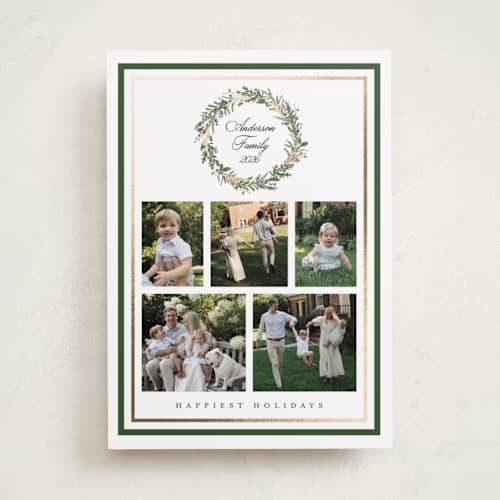 This is a pine foil pressed holiday cards with foil pressed by Susan Moyal called greenery wreath printing on recycled smooth signature in standard