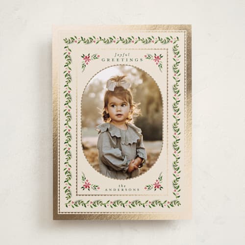 This is a eggnog foil pressed holiday cards with foil pressed by Jenna Holcomb called edelweiss printing on recycled smooth signature in standard