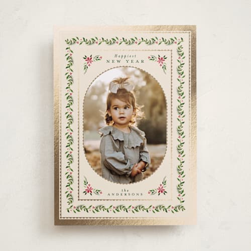 This is a eggnog foil pressed holiday cards with foil pressed by Jenna Holcomb called edelweiss printing on recycled smooth signature in standard