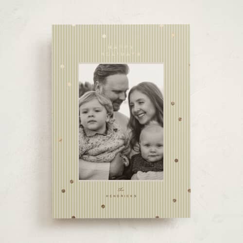 This is a olive foil pressed holiday cards with foil pressed by Ellen Schlegelmilch called tiny polka dots printing on recycled smooth signature in standard