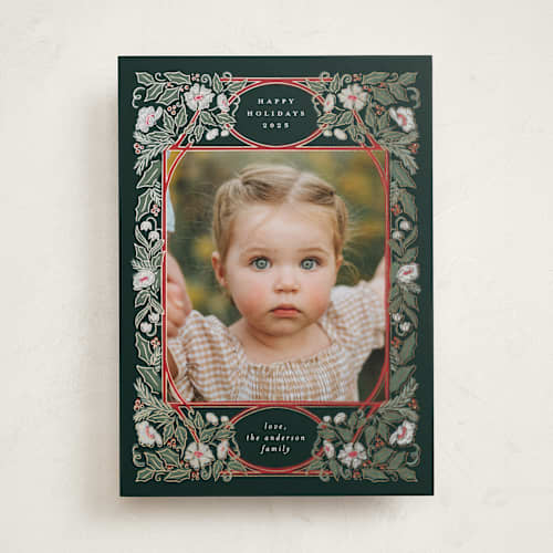 This is a deepest viridian foil pressed holiday cards with foil pressed by Simona Camp called blooms and berries printing on recycled smooth signature in standard