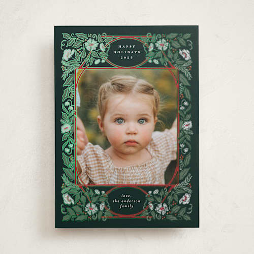 This is a deepest viridian foil pressed holiday cards with foil pressed by Simona Camp called blooms and berries printing on recycled smooth signature in standard