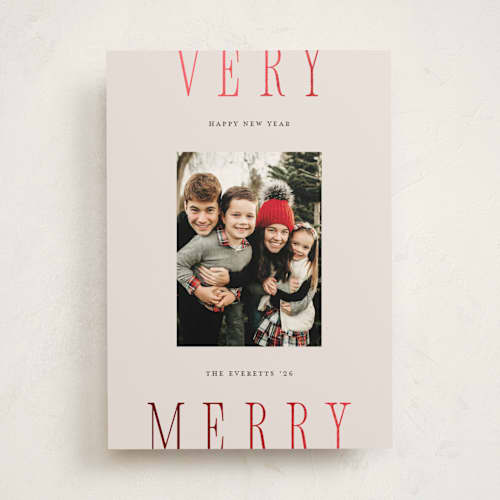 This is a eggnog foil pressed holiday cards with foil pressed by Chryssi Tsoupanarias called merry type printing on recycled smooth signature in standard