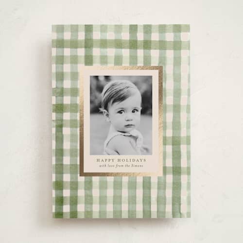 This is a sage foil pressed holiday cards with foil pressed by Meagan Christensen called gingham printing on recycled smooth signature in standard