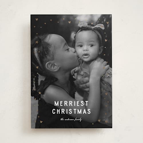 This is a snow foil pressed holiday cards with foil pressed by Ilene Guy called disney's merriest christmas printing on recycled smooth signature in standard