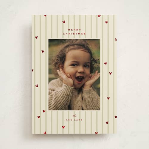 This is a mint foil pressed holiday cards with foil pressed by Ellen Schlegelmilch called disney's mickey festive stripes printing on recycled smooth signature in standard