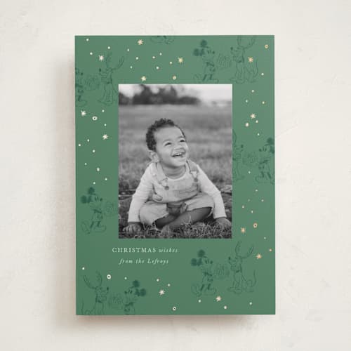 This is a fir foil pressed holiday cards with foil pressed by Corinne Malesic called disney's mickey and pluto printing on recycled smooth signature in standard