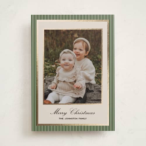 This is a pine foil pressed holiday cards with foil pressed by Annie Shapiro called barre printing on recycled smooth signature in standard