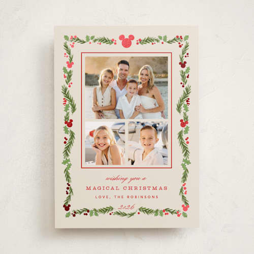 This is a stocking foil pressed holiday cards with foil pressed by Creo Study called disney’s mickey vintage holiday greens printing on recycled smooth signature in standard