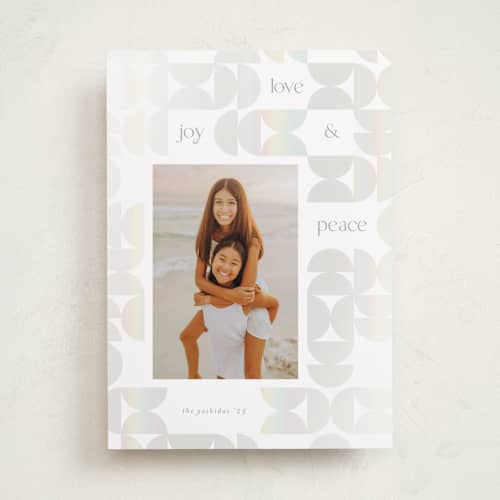 This is a frost gloss press holiday cards with gloss press by Lisa McLean called semi circle pieces printing on recycled smooth signature in standard
