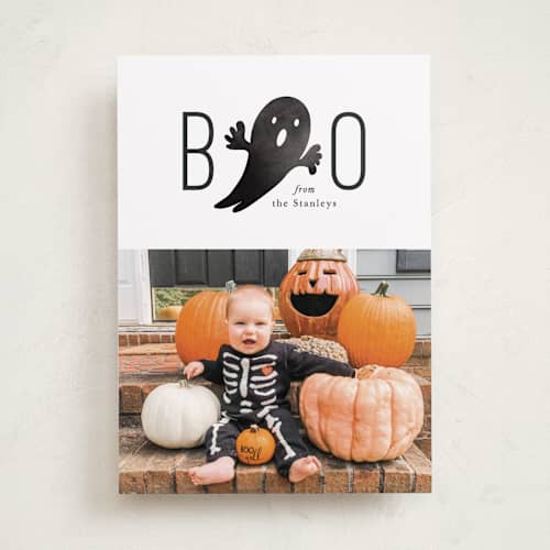 This is a ghostly halloween party invitations cards with standard by Mansi Verma called boo from us printing on recycled smooth signature in standard