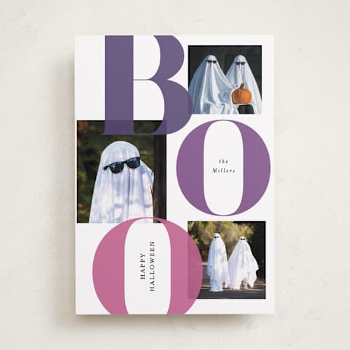 This is a plum halloween party invitations cards with standard by Itsy Belle Studio called bold boo printing on recycled smooth signature in standard