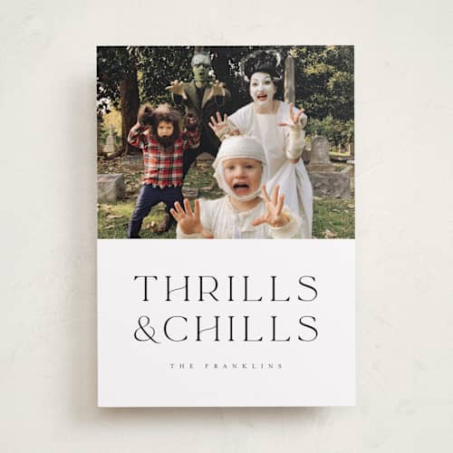 This is a ghost halloween party invitations cards with standard by Angela Garrick called thrills and chills printing on recycled smooth signature in standard