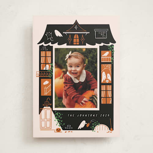 This is a pumpkin halloween party invitations cards with standard by Grae called ghost house printing on recycled smooth signature in standard