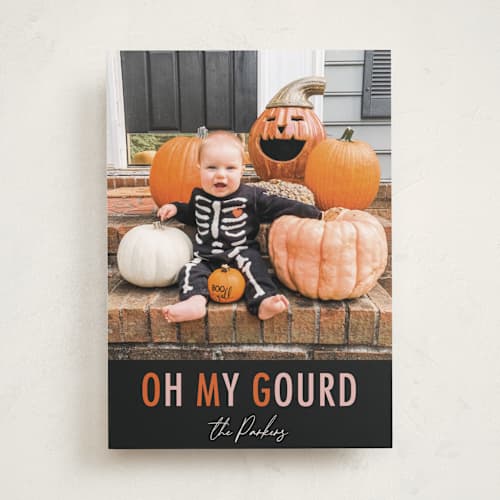 This is a pumpkin halloween party invitations cards with standard by Dawn Pope called oh my gourd printing on recycled smooth signature in standard