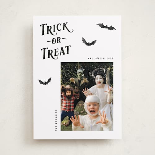 This is a onyx halloween party invitations cards with standard by Hooray Creative called trick-or-treat printing on recycled smooth signature in standard