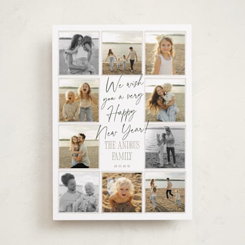 This is a snow new year photo cards with standard by Robert and Stella called christmas candids printing on recycled smooth signature in standard