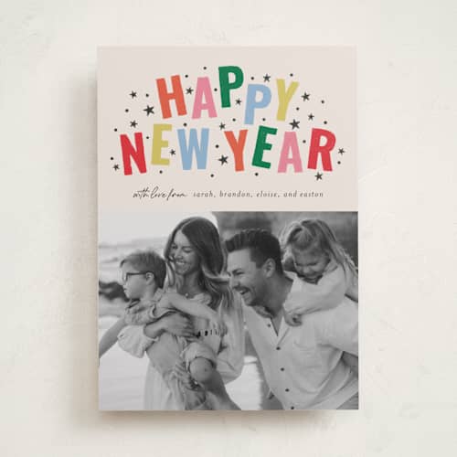 This is a confetti new year photo cards with standard by Kercia Jane called starlight wishes printing on recycled smooth signature in standard