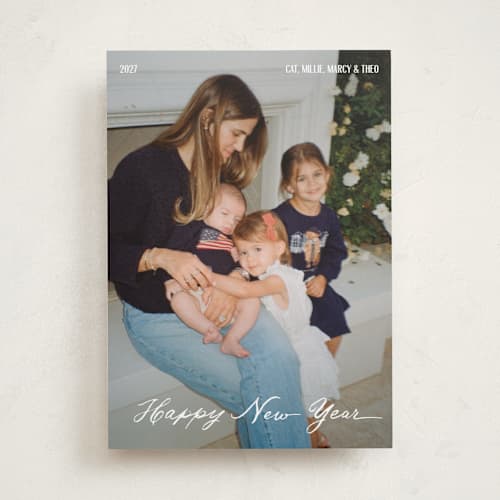 This is a linen new year photo cards with standard by Erin L. Wilson called laurene printing on recycled smooth signature in standard